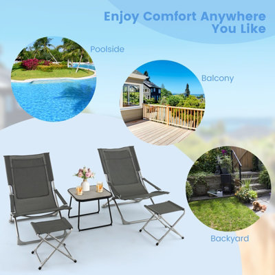 Costway 5PCS Patio Sling Chair Set Folding Beach Chair w/ Ottoman & Coffee Table - 5