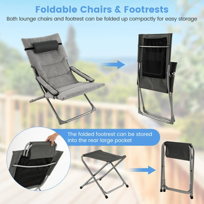 Costway 5PCS Patio Sling Chair Set Folding Beach Chair w/ Ottoman & Coffee Table - 8