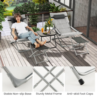 Costway 5PCS Patio Sling Chair Set Folding Beach Chair w/ Ottoman & Coffee Table - 9