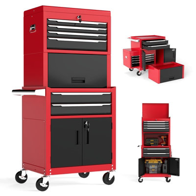 COSTWAY 6-Drawer Rolling Tool Chest 3-in-1 Heavy-Duty Tool Storage Cabinet-Red