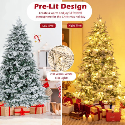 COSTWAY 6 FT Artificial Xmas Tree Pre-Lit Flocked Christmas Tree w ...