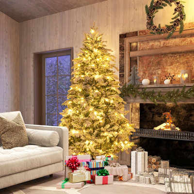 COSTWAY 6 FT Artificial Xmas Tree Pre-Lit Flocked Christmas Tree w ...