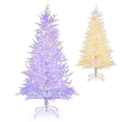 COSTWAY 6 FT Pre-Lit Artificial Christmas Tree White Hinged Xmas Tree w/ Snow-Flocked PE Tips