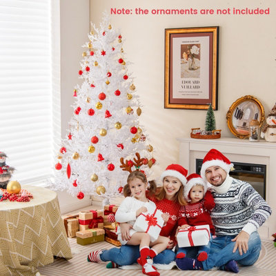 COSTWAY 6 FT Pre-Lit Artificial Christmas Tree White Hinged Xmas Tree w/ Snow-Flocked PE Tips - 4