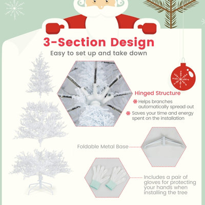 COSTWAY 6 FT Pre-Lit Artificial Christmas Tree White Hinged Xmas Tree w/ Snow-Flocked PE Tips - 6