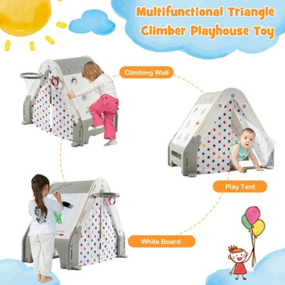 Costway 6 in 1 Children Kids Playhouse w/ Tent Climbing Wall & White Board - 3