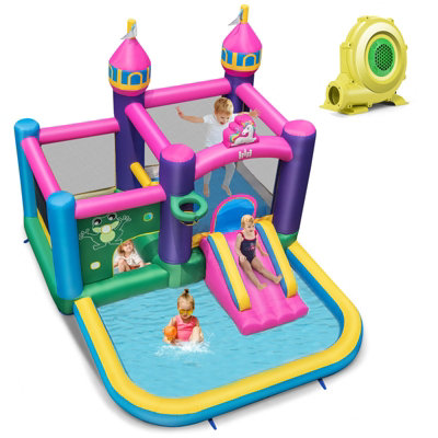 Costway 6-in-1 Inflatable Kids Bounce Castle w/ Water Slide & 680W Blower