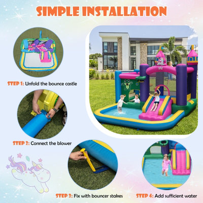 Costway 6-in-1 Inflatable Kids Bounce Castle w/ Water Slide & 680W Blower - 4