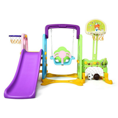Costway 6 in 1 Kids Slide Swing Set Climber Slide Playset Basketball Soccer Goal Game