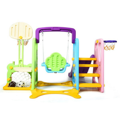 Costway 6 in 1 Kids Slide Swing Set Climber Slide Playset Basketball Soccer Goal Game
