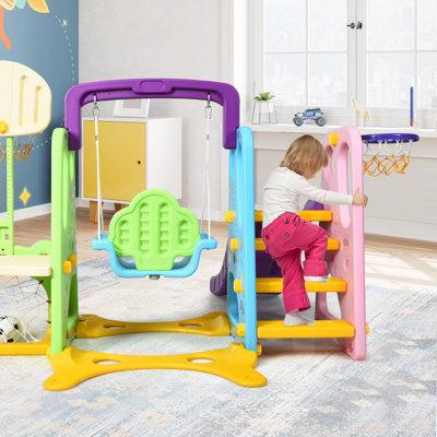 Costway 6 in 1 Kids Slide Swing Set Climber Slide Playset Basketball Soccer Goal Game - 4