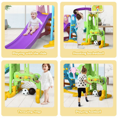 Costway 6 in 1 Kids Slide Swing Set Climber Slide Playset Basketball Soccer Goal Game - 5