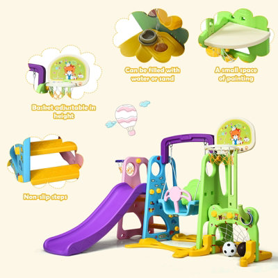 Costway 6 in 1 Kids Slide Swing Set Climber Slide Playset Basketball Soccer Goal Game - 8