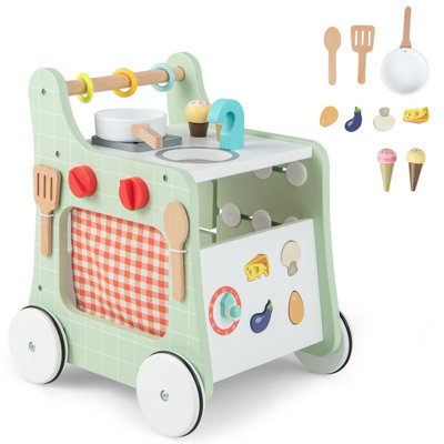 Costway 6 in 1 Wooden Baby Walker Activity Wooden Toy Activity Center w Play Kitchen