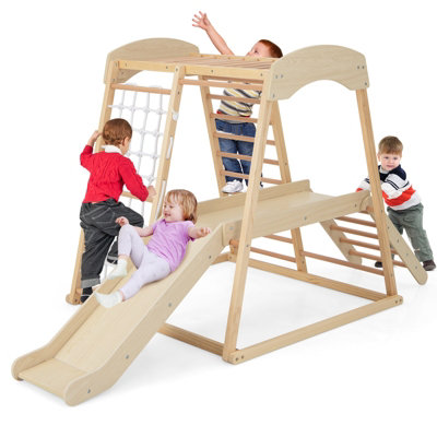 Costway 6 in 1 Wooden Climber Playset Kids Slide Jungle Gym W/ Monkey Bars Climbing Ladder