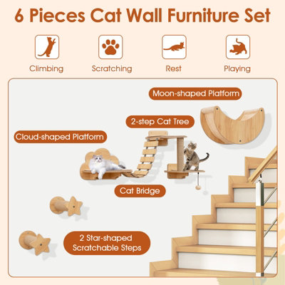 COSTWAY 6 Pieces Cat Wall Mounted Shelves DIY Cat Climber Playground - Cat Wall Mounted Basket Shelves