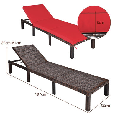 Costway 6 Positions Adjustable Rattan Sun Lounger with Cushion