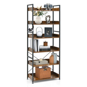 Costway 6-Tier Bookshelf Industrial Bookcase Standing Display Rack w/ 4 Hooks