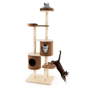 Costway 6-Tier Cat Tree 190 cm Rubber Wood Cat Tower Furniture W/ Sisal Scratching Posts
