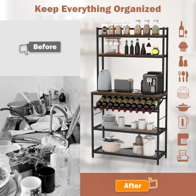 Costway 6-Tier Kitchen Baker Rack Industrial Storage Shelf Microwave Stand w/ Slanted Wine Bottle Holder - 7