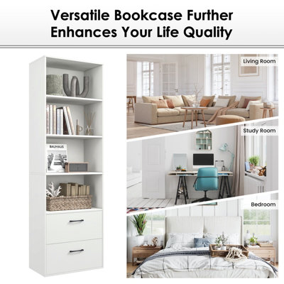 Costway 6-Tier Wood Tall Bookshelf Bookcase Organizer Display Shelf W/ 2 Drawers - 3