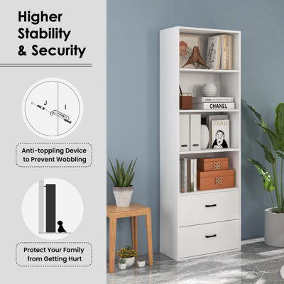 Costway 6-Tier Wood Tall Bookshelf Bookcase Organizer Display Shelf W/ 2 Drawers - 4