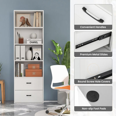 Costway 6-Tier Wood Tall Bookshelf Bookcase Organizer Display Shelf W/ 2 Drawers - 6