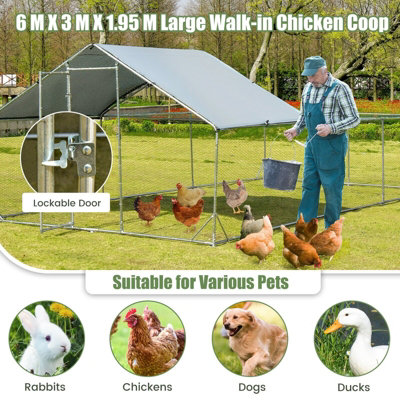 COSTWAY 6 X 3 M Chicken Run Coop Galvanized Metal Walk-in Hen House Cage Waterproof Cover