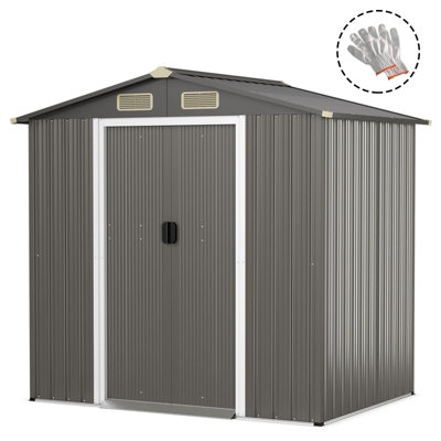 Costway 6 x 4 FT Outdoor Galvanized Steel Storage Shed w/ Lockable Sliding Door-Light Grey