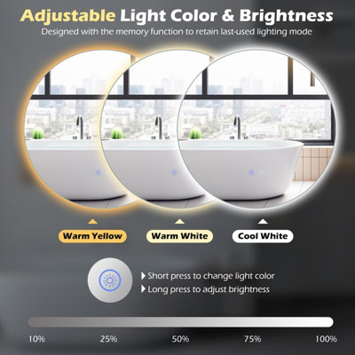 COSTWAY 60 cm Round Bathroom Mirror Wall Mounted Vanity Mirror w/ LED Light