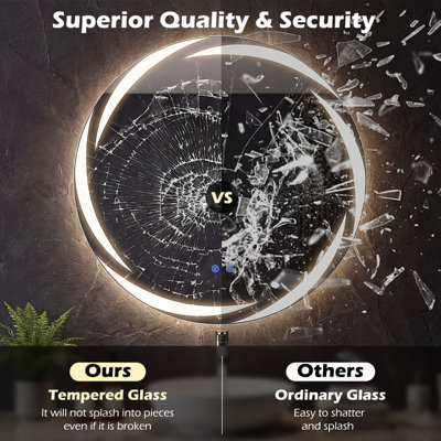 COSTWAY 60 cm Round LED Bathroom Mirror Tempered Glass Wall Mirror Anti-Fog