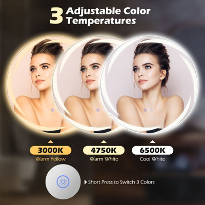 COSTWAY 60 cm Round LED Bathroom Mirror Tempered Glass Wall Mirror Anti-Fog