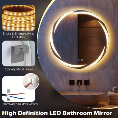 COSTWAY 60 cm Round LED Bathroom Mirror Tempered Glass Wall Mirror Anti-Fog