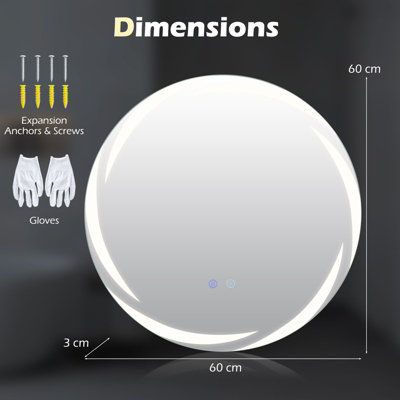 COSTWAY 60 cm Round LED Bathroom Mirror Tempered Glass Wall Mirror Anti-Fog