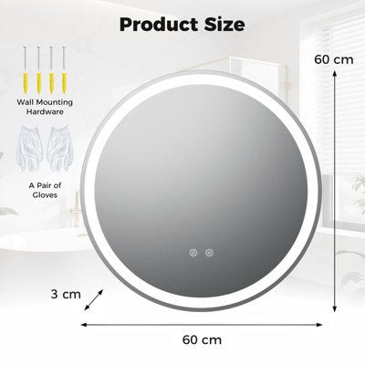 COSTWAY 60 CM Round LED Lighted Mirror Tempered Glass Bathroom Mirror w ...