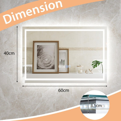 Costway 60 x 40 CM LED Bathroom Mirror Wall Mounted Rectangle Mirror with 3-Color Dimmable Lights