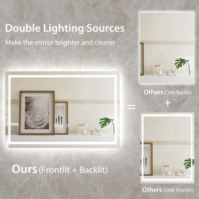 Costway 60 x 40 CM LED Bathroom Mirror Wall Mounted Rectangle Mirror with 3-Color Dimmable Lights