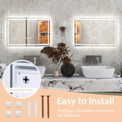 Costway 60 x 40 CM LED Bathroom Mirror Wall Mounted Rectangle Mirror ...
