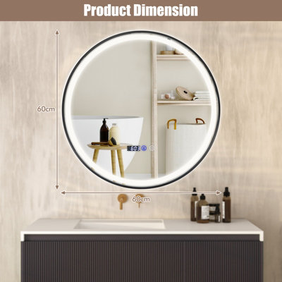 Costway 60 x 60 CM Lighted Bathroom Mirror High-Definition Shatter-Proof Mirror with 3 Color LED Light
