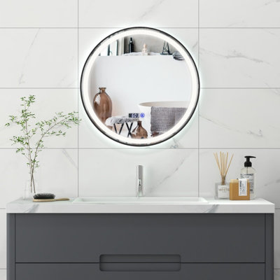 Costway 60 x 60 CM Lighted Bathroom Mirror High-Definition Shatter-Proof Mirror with 3 Color LED Light