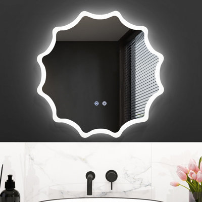 Costway 60cm Round Anti-fog 3-Color LED Lights Bathroom Mirror Waved Edge Wall Mirror