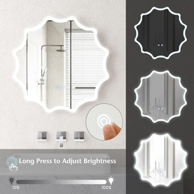 Costway 60cm Round Anti-fog 3-Color LED Lights Bathroom Mirror Waved Edge Wall Mirror