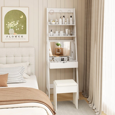 COSTWAY 60cm Slim Vanity Desk Stool Set Ladder Dressing Table w/ Flip Top Mirror-White