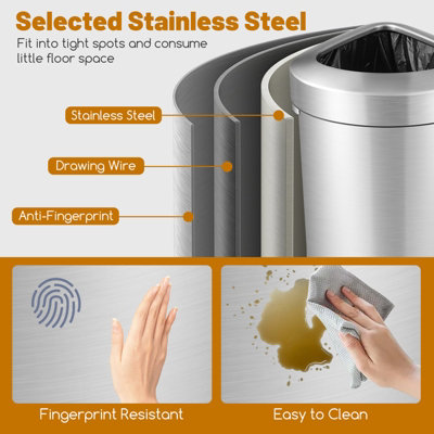 Costway 60L Corner Trash Can Rubbish Bin Stainless Steel Stay Open Rubbish Can - 6