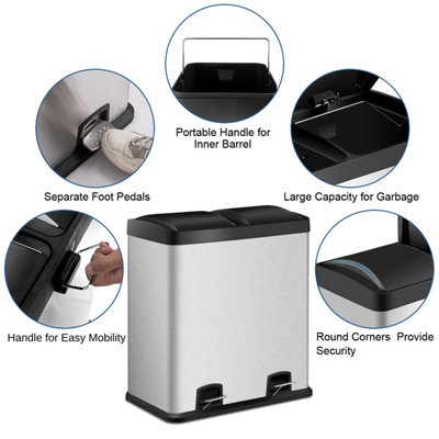 Costway 60L Double Recycle Pedal Bin Stainless Steel Dual Step Trash Can Garbage Bin - 7