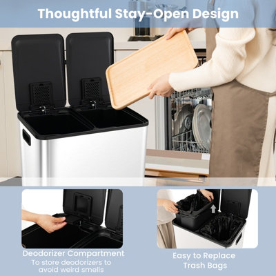 Costway 60L Dual Bin Trash Can 2 x 30L Classified Garbage Bin with 2 Deodorizer Compartments - 6