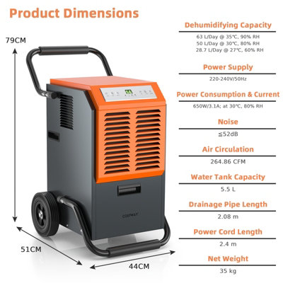 Costway 63L Commercial Dehumidifier Industrial Dehumidifier 5.5L Water Tank Portable - 3
