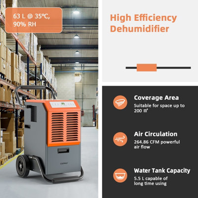 Costway 63L Commercial Dehumidifier Industrial Dehumidifier 5.5L Water Tank Portable - 4