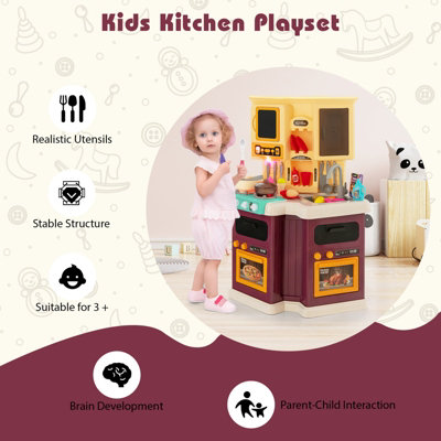 Costway 67PCS Kids Play Kitchen W/ Role Play Toy Set & Vapor Lights & Sounds