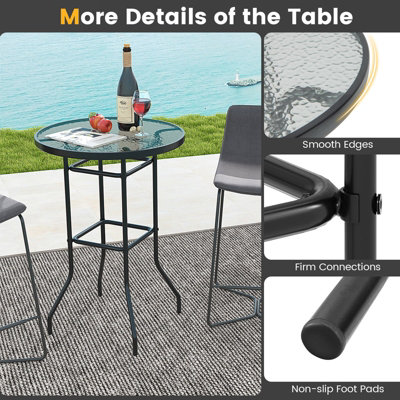 Costway 68 x 68CM Outdoor Bistro Coffee Table Round Glass Top Garden Patio Dining Table - 8
